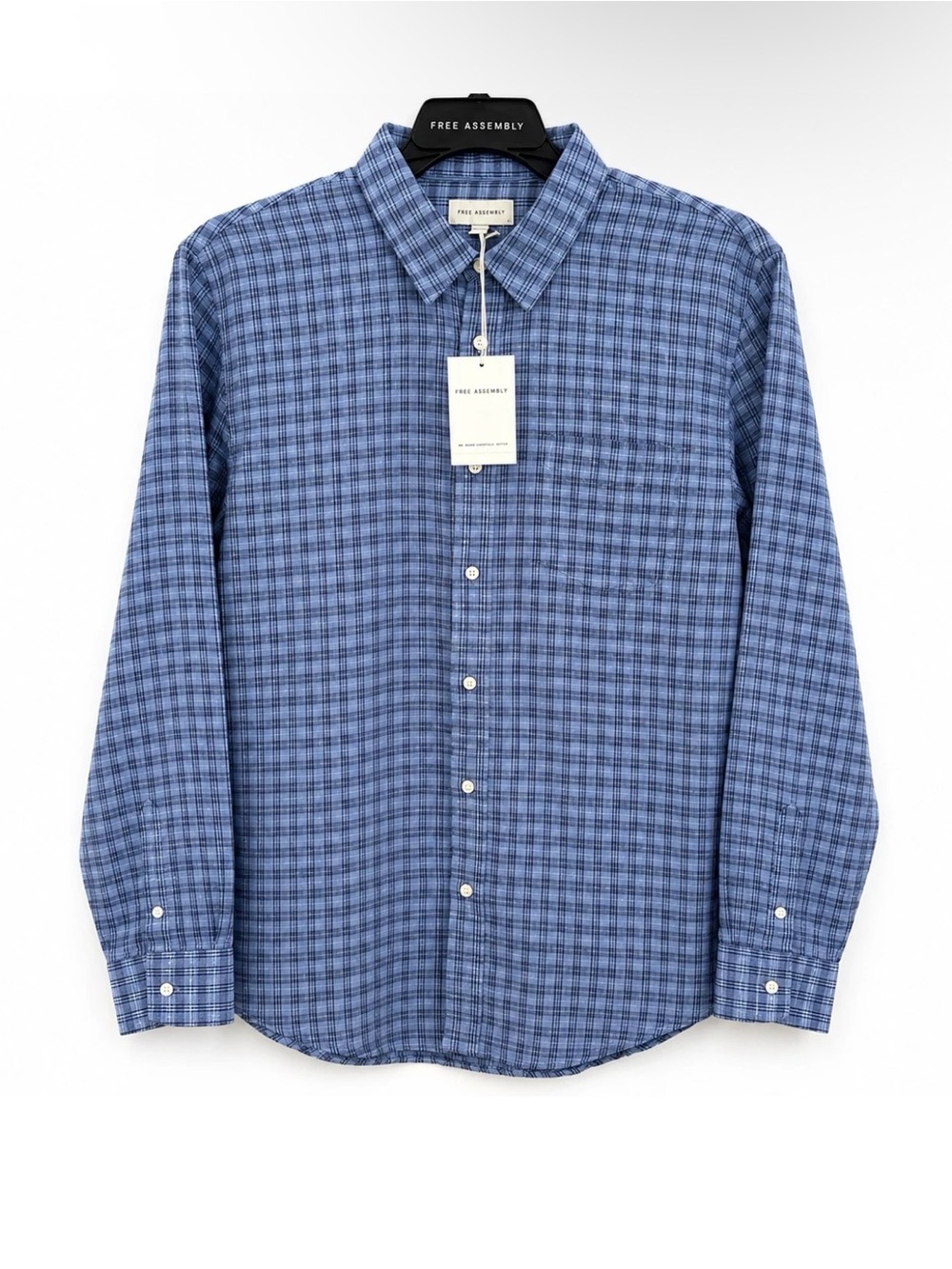 Men's 2XL Cotton Linen Blue Plaid Button Front Shirt Long Sleeve Relaxed Fit NWT